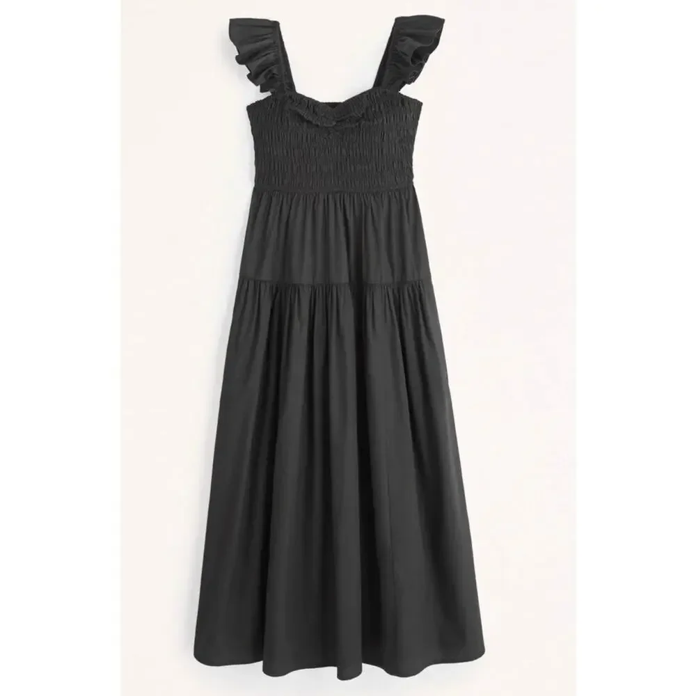 Abercrombie & Fitch Black Smocked Ruffle Strap Tiered Maxi Dress Size S